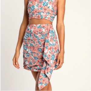 Spring Ivory Floral Print Gathered Mini Skirt